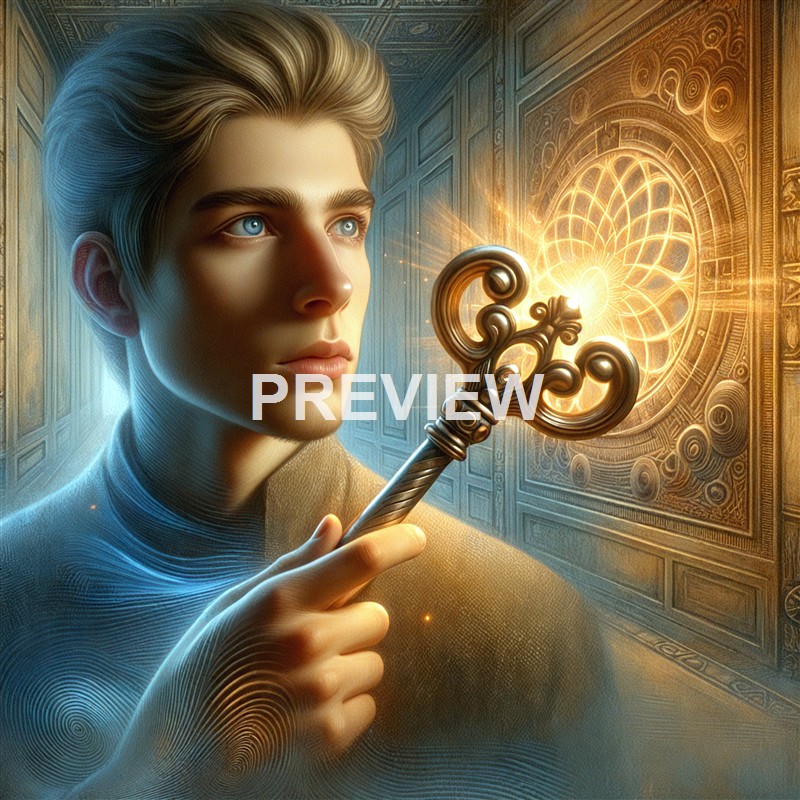 A young person with wavy blonde hair and striking blue eyes is holding an ornate, golden staff and gazing intently at a glowing, intricate circular pattern on a wall, with a mystical and fantasy-like atmosphere.
